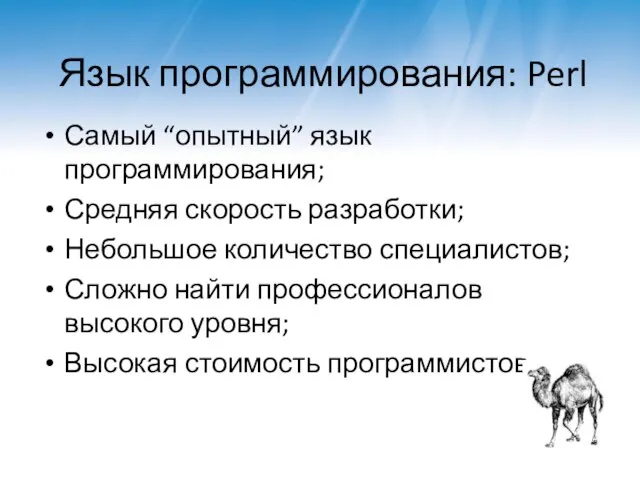 Язык программирования: Perl Самый “опытный” язык программирования; Средняя скорость разработки; Небольшое