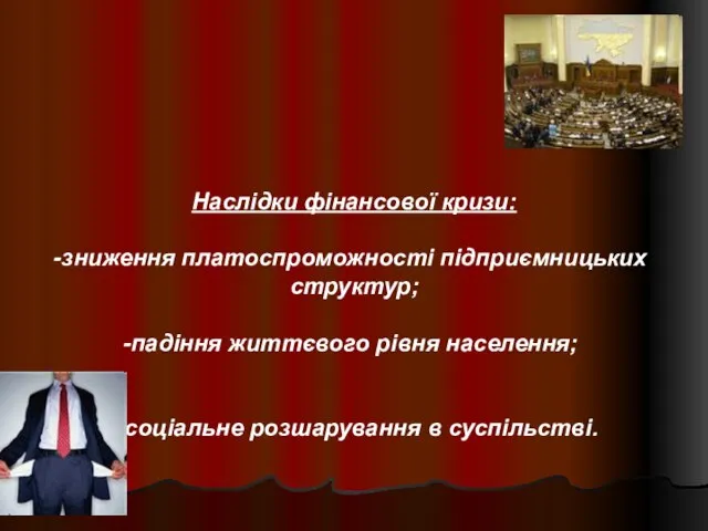 Наслідки фінансової кризи: зниження платоспроможності підприємницьких структур; падіння життєвого рівня населення; - соціальне розшарування в суспільстві.