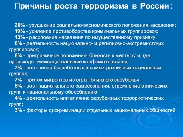 Причины роста терроризма в России: 26% - ухудшение социально-экономического положения населения;