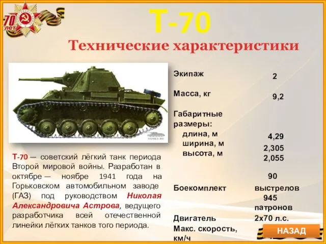 Т-70 Технические характеристики НАЗАД Т-70 — советский лёгкий танк периода Второй
