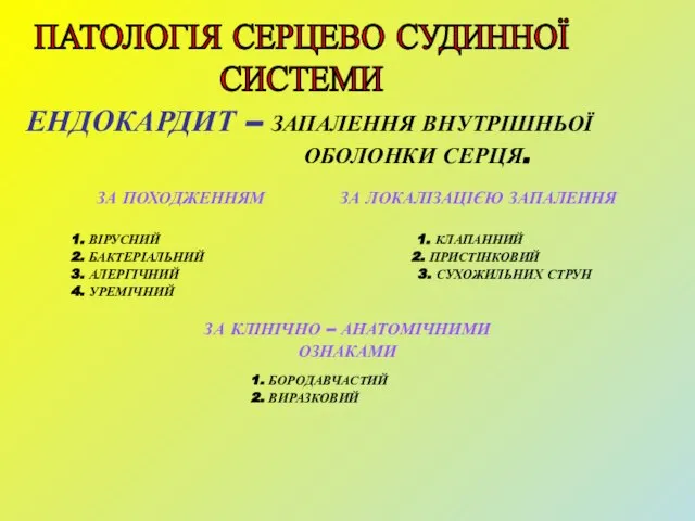 ЕНДОКАРДИТ – ЗАПАЛЕННЯ ВНУТРІШНЬОЇ ОБОЛОНКИ СЕРЦЯ. ЗА ПОХОДЖЕННЯМ ЗА ЛОКАЛІЗАЦІЄЮ ЗАПАЛЕННЯ