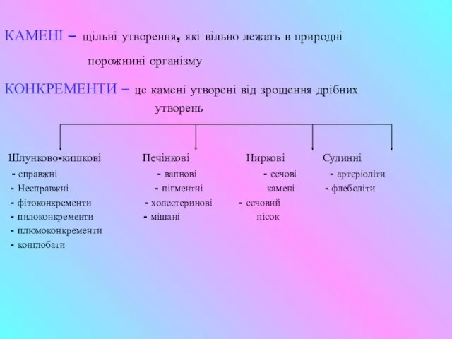 КАМЕНІ – щільні утворення, які вільно лежать в природні порожнині організму