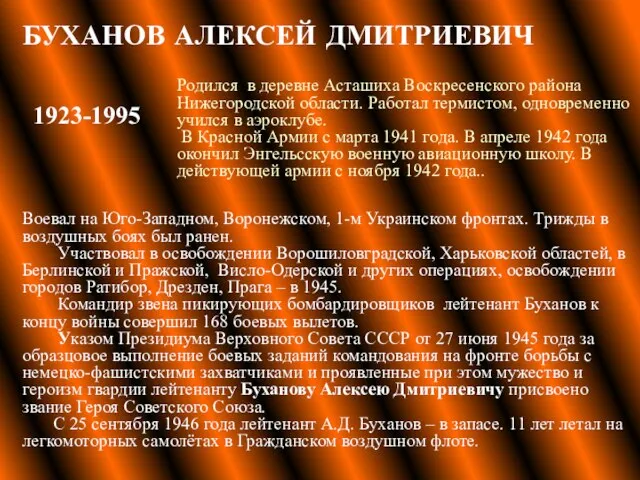 БУХАНОВ АЛЕКСЕЙ ДМИТРИЕВИЧ Воевал на Юго-Западном, Воронежском, 1-м Украинском фронтах. Трижды