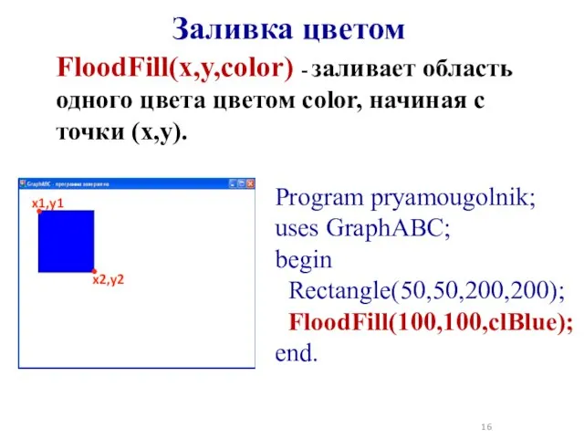 Заливка цветом FloodFill(x,y,color) - заливает область одного цвета цветом color, начиная