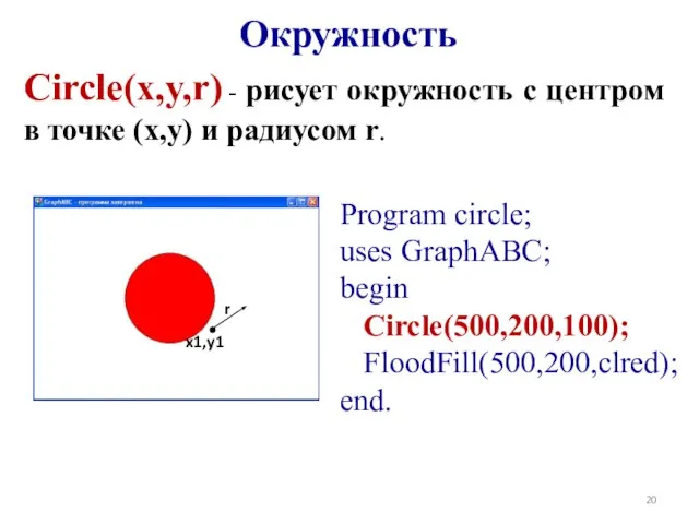 Circle(x,y,r) - рисует окружность с центром в точке (x,y) и радиусом