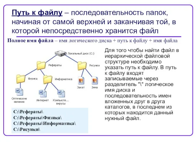 Путь к файлу – последовательность папок, начиная от самой верхней и