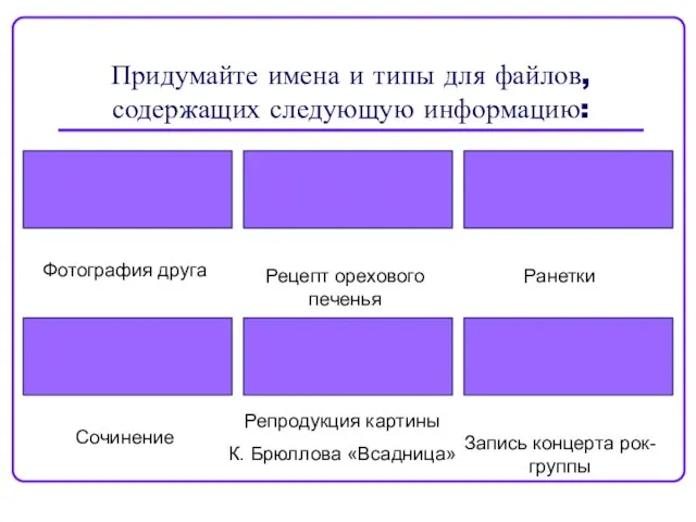 Придумайте имена и типы для файлов, содержащих следующую информацию: Фотография друга