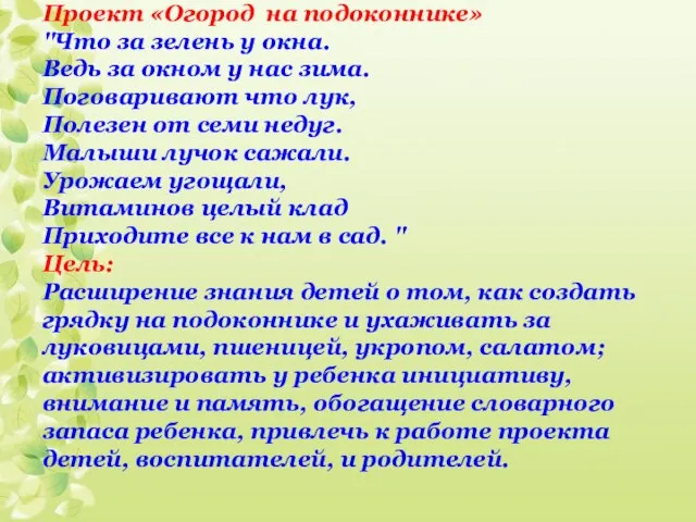 Проект «Огород на подоконнике» "Что за зелень у окна. Ведь за