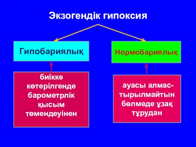 Экзогендік гипоксия Гипобариялық биікке көтерілгенде барометрлік қысым төмендеуінен Нормобариялық ауасы алмас-тырылмайтын бөлмеде ұзақ тұрудан