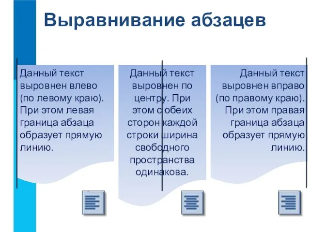 Выравнивание абзацев Данный текст выровнен влево (по левому краю). При этом