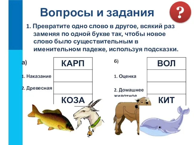 Вопросы и задания 1. Превратите одно слово в другое, всякий раз