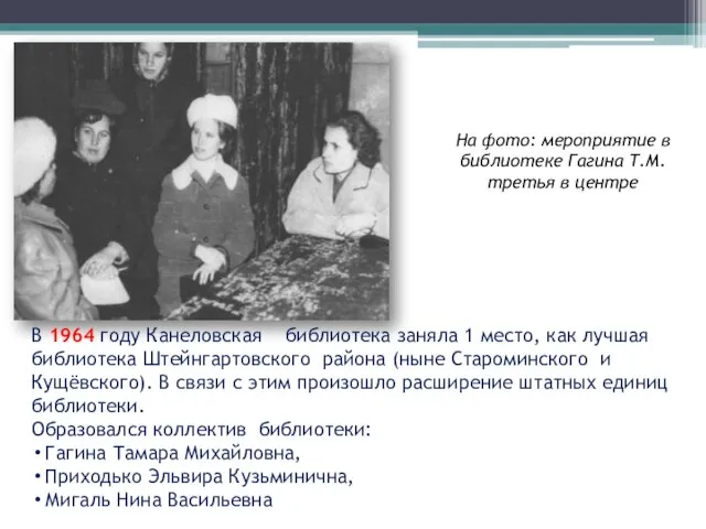 В 1964 году Канеловская библиотека заняла 1 место, как лучшая библиотека