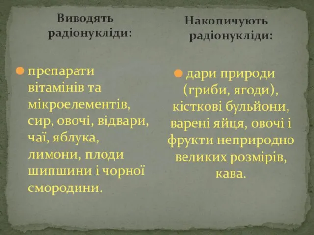 Виводять радіонукліди: препарати вітамінів та мікроелементів, сир, овочі, відвари, чаї, яблука,