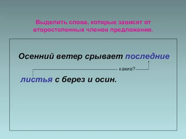 Выделить слова, которые зависят от второстепенных членов предложения. Осенний ветер срывает