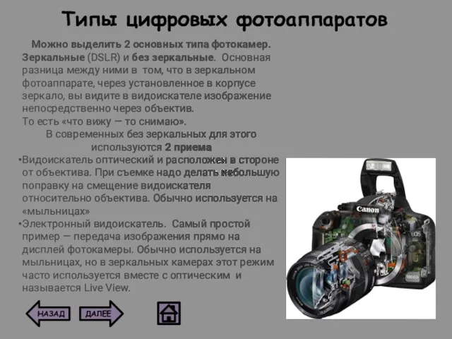 Типы цифровых фотоаппаратов Можно выделить 2 основных типа фотокамер. Зеркальные (DSLR)