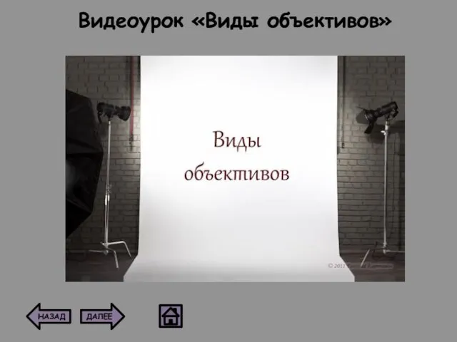 Видеоурок «Виды объективов» ДАЛЕЕ НАЗАД