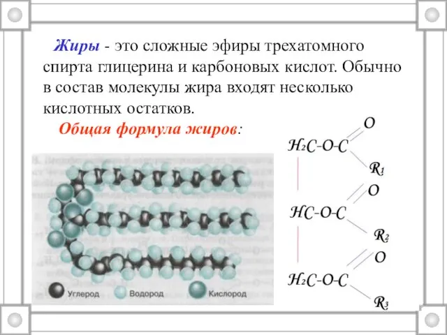 Жиры - это сложные эфиры трехатомного спирта глицерина и карбоновых кислот.