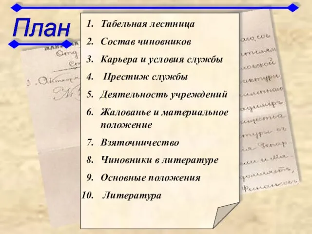 План Табельная лестница Состав чиновников Карьера и условия службы Престиж службы