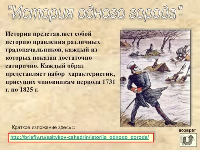 http://briefly.ru/saltykov-cshedrin/istorija_odnogo_goroda/ Краткое изложение здесь☺ "История одного города" История представляет собой историю