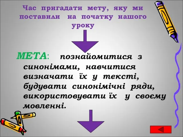 Час пригадати мету, яку ми поставили на початку нашого уроку МЕТА: