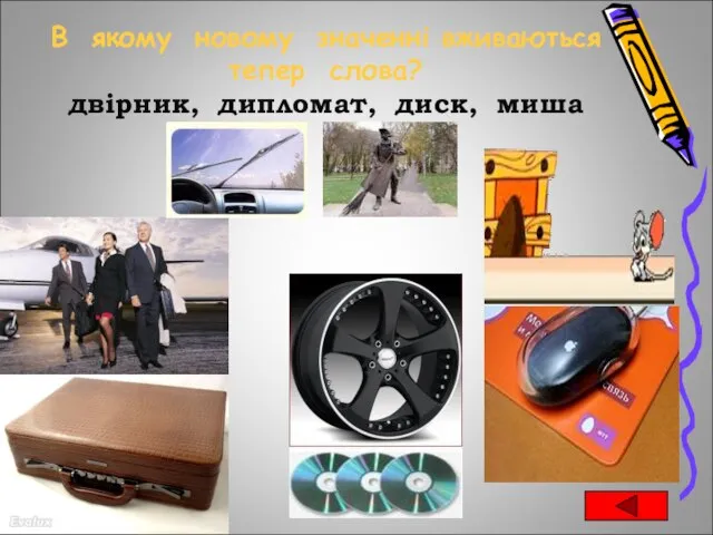 В якому новому значенні вживаються тепер слова? двірник, дипломат, диск, миша