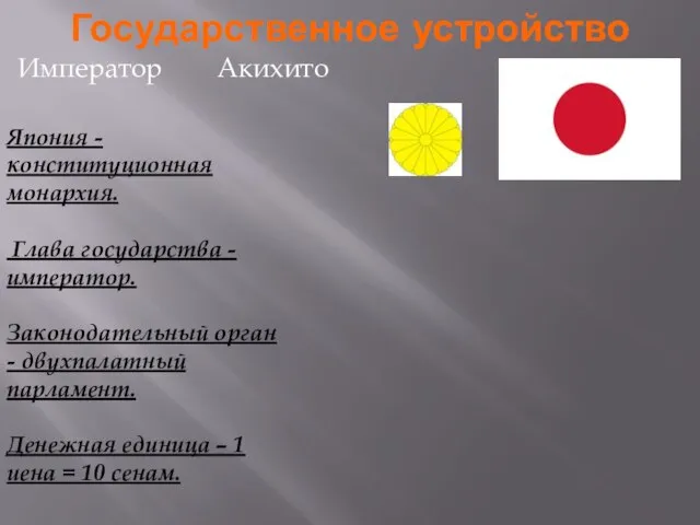 Государственное устройство Император Акихито Япония - конституционная монархия. Глава государства -