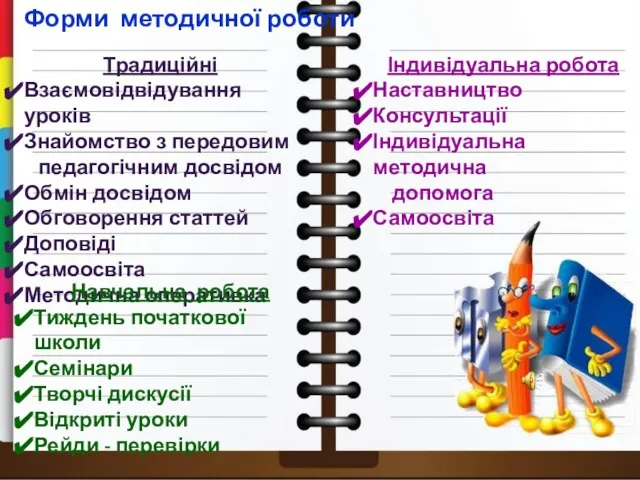 Форми методичної роботи Традиційні Взаємовідвідування уроків Знайомство з передовим педагогічним досвідом