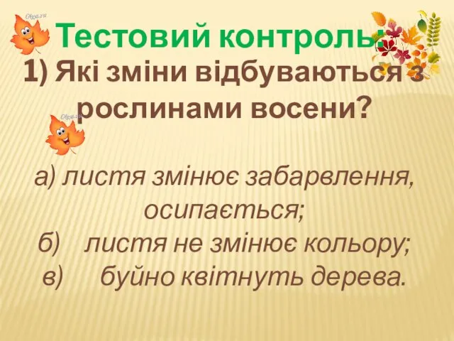 1) Які зміни відбуваються з рослинами восени? а) листя змінює забарвлення,