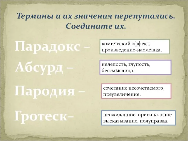 Пародия – Гротеск– Абсурд – Парадокс – комический эффект, произведение-насмешка. сочетание