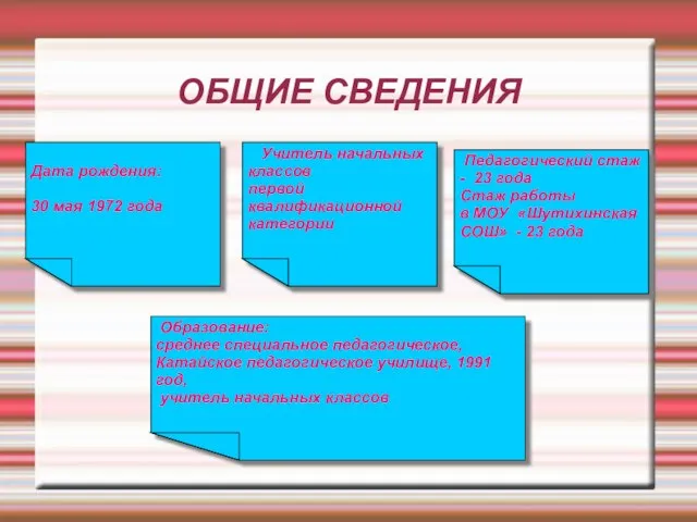 ОБЩИЕ СВЕДЕНИЯ Дата рождения: 30 мая 1972 года Учитель начальных классов