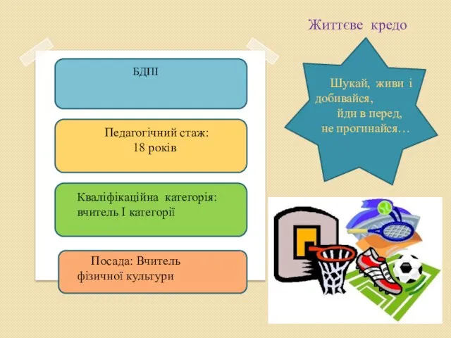 БДПІ Педагогічний стаж: 18 років Кваліфікаційна категорія: вчитель І категорії Посада: