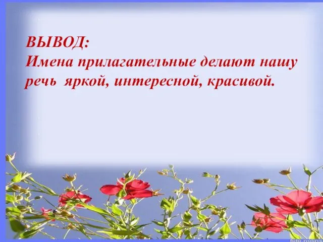 ВЫВОД: Имена прилагательные делают нашу речь яркой, интересной, красивой.