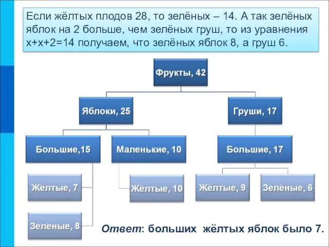 Если жёлтых плодов 28, то зелёных – 14. А так зелёных