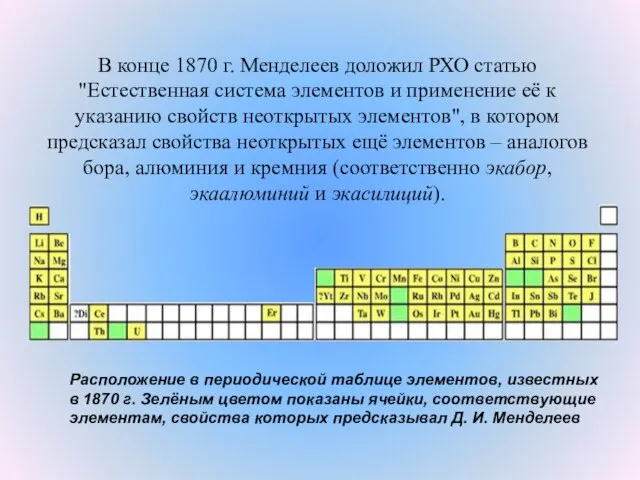 В конце 1870 г. Менделеев доложил РХО статью "Естественная система элементов