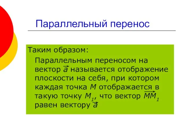 Параллельный перенос Таким образом: Параллельным переносом на вектор а называется отображение