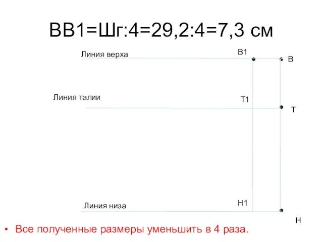 ВВ1=Шг:4=29,2:4=7,3 см Все полученные размеры уменьшить в 4 раза. с Т