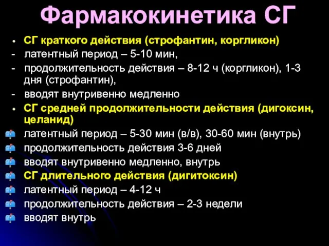 Фармакокинетика СГ СГ краткого действия (строфантин, коргликон) - латентный период –