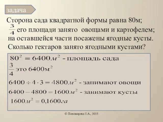 Сторона сада квадратной формы равна 80м; © Пономарева Т.А., 2015 задача