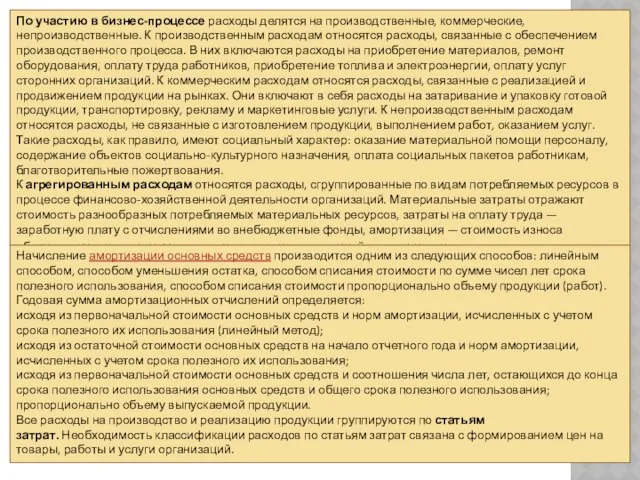 По участию в бизнес-процессе расходы делятся на производственные, коммерческие, непроизводственные. К