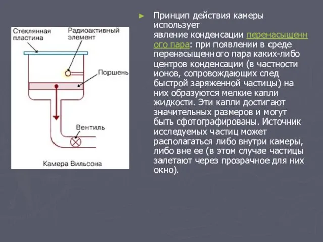 Принцип действия камеры использует явление конденсации перенасыщенного пара: при появлении в