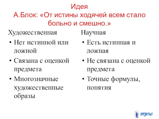 Идея А.Блок: «От истины ходячей всем стало больно и смешно.» Художественная