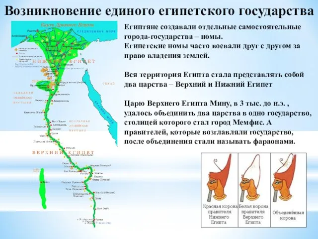 Возникновение единого египетского государства Египтяне создавали отдельные самостоятельные города-государства – номы.