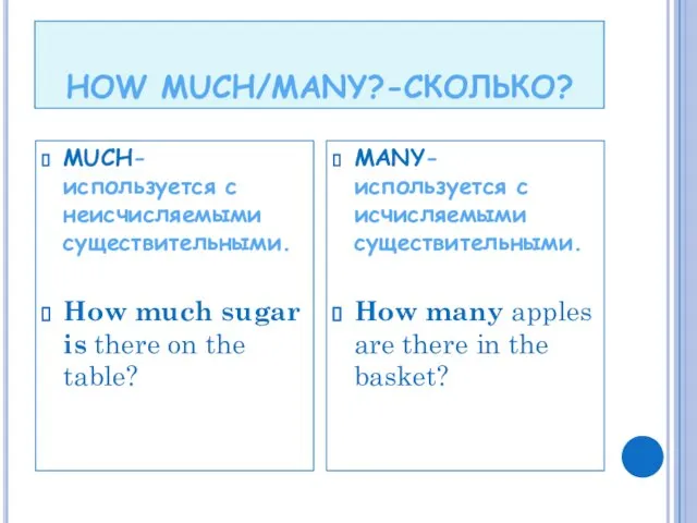 HOW MUCH/MANY?-СКОЛЬКО? MUCH- используется с неисчисляемыми существительными. How much sugar is