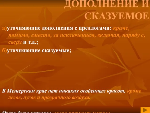 ДОПОЛНЕНИЕ И СКАЗУЕМОЕ а)уточняющие дополнения с предлогами: кроме, помимо, вместо, за