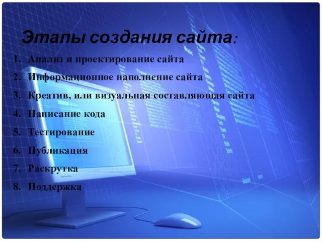 Этапы создания сайта: Анализ и проектирование сайта Информационное наполнение сайта Креатив,