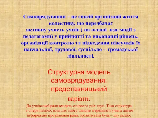 Самоврядування – це спосіб організації життя колективу, що передбачає активну участь