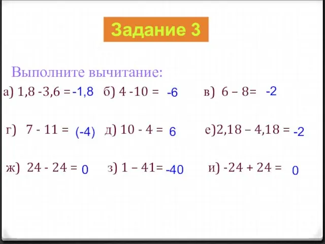 Выполните вычитание: а) 1,8 -3,6 = б) 4 -10 = в)