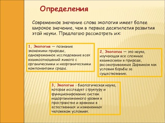 Определения Современное значение слова экология имеет более широкое значение, чем в