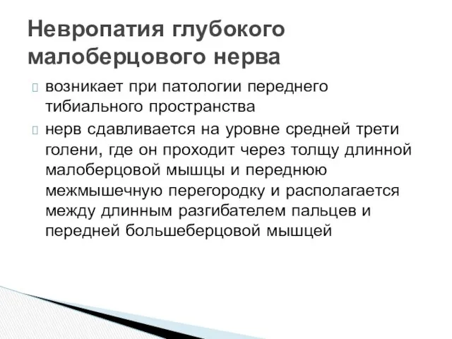 возникает при патологии переднего тибиального пространства нерв сдавливается на уровне средней