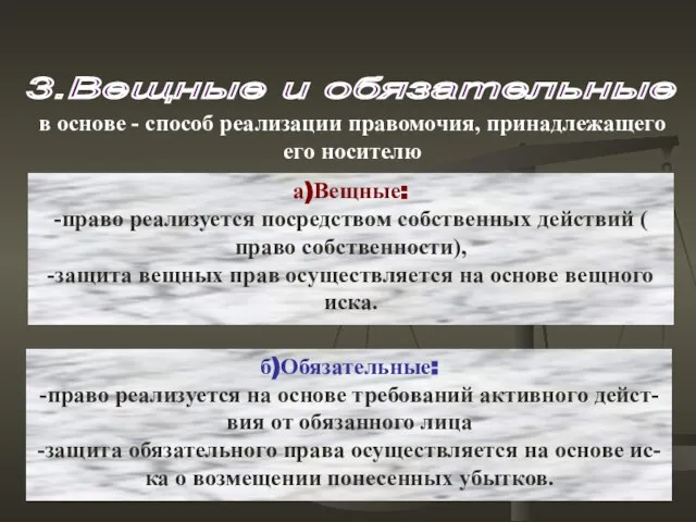 3.Вещные и обязательные а)Вещные: -право реализуется посредством собственных действий ( право